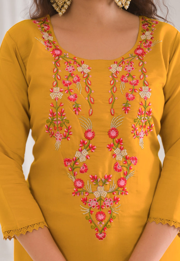 Mustard Viscose Readymade Pant Style Suit