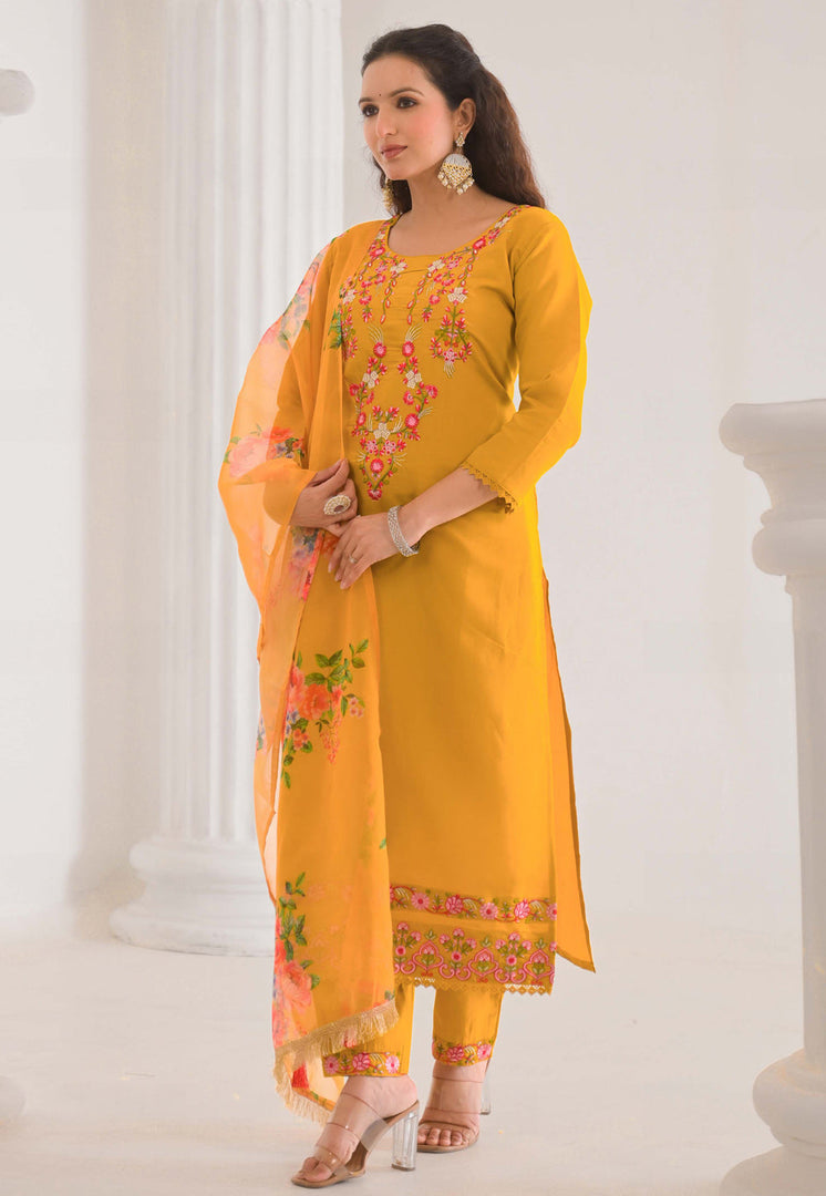 Mustard Viscose Readymade Pant Style Suit