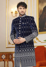 Load image into Gallery viewer, Navy Blue Art Silk Indo Western Sherwani
