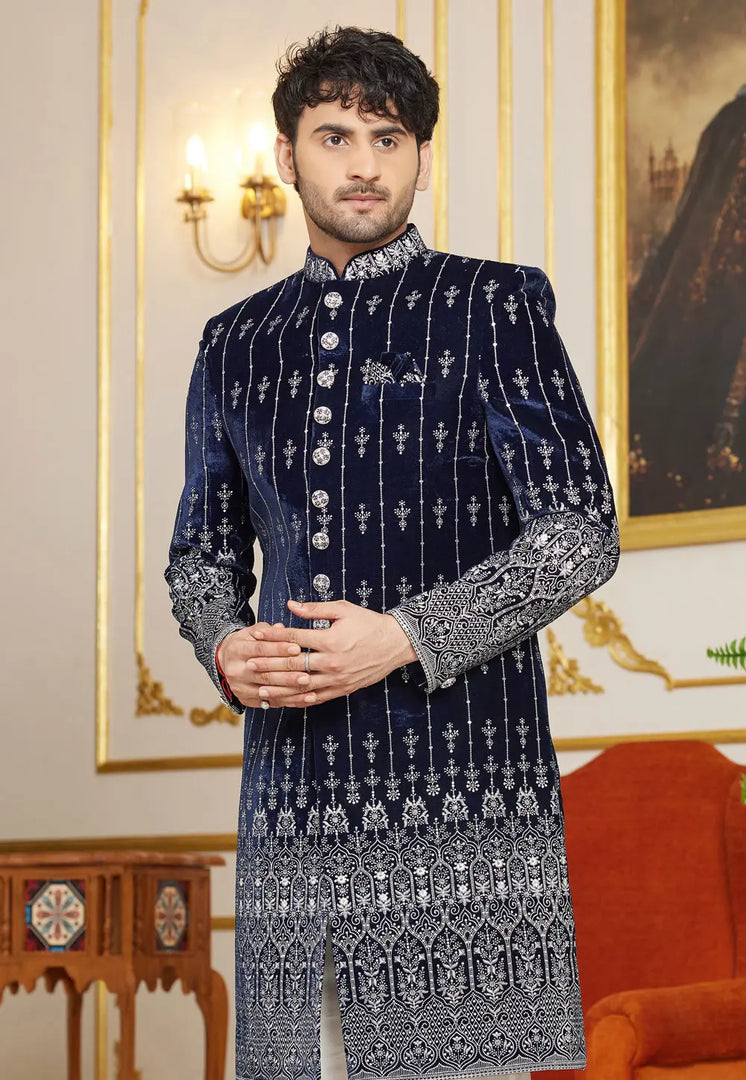 Navy Blue Art Silk Indo Western Sherwani