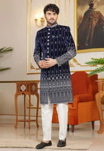 Load image into Gallery viewer, Navy Blue Art Silk Indo Western Sherwani
