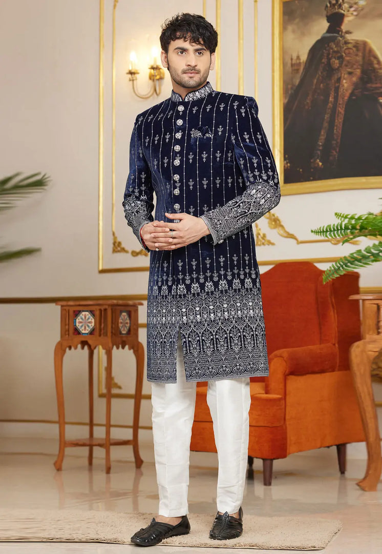 Navy Blue Art Silk Indo Western Sherwani
