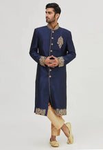 Load image into Gallery viewer, Navy Blue Art Silk Indo Western Sherwani
