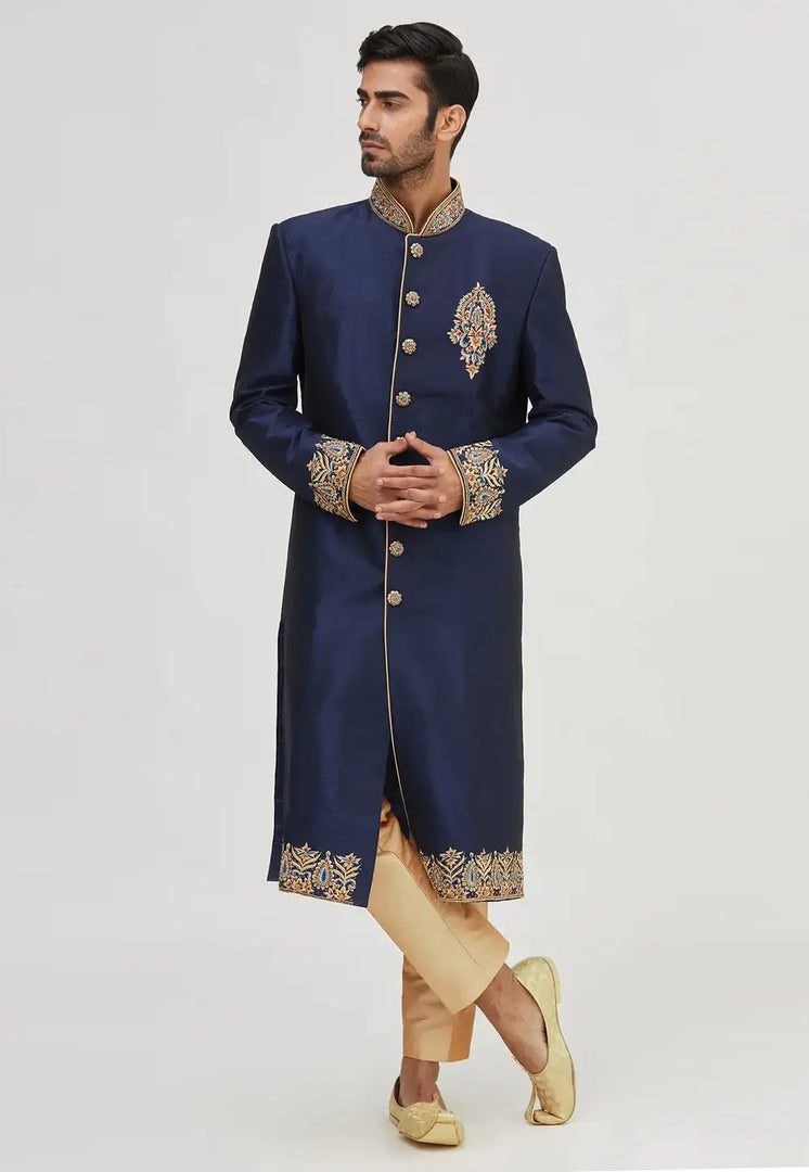 Navy Blue Art Silk Indo Western Sherwani
