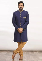 Load image into Gallery viewer, Navy Blue Art Silk Indo Western Sherwani
