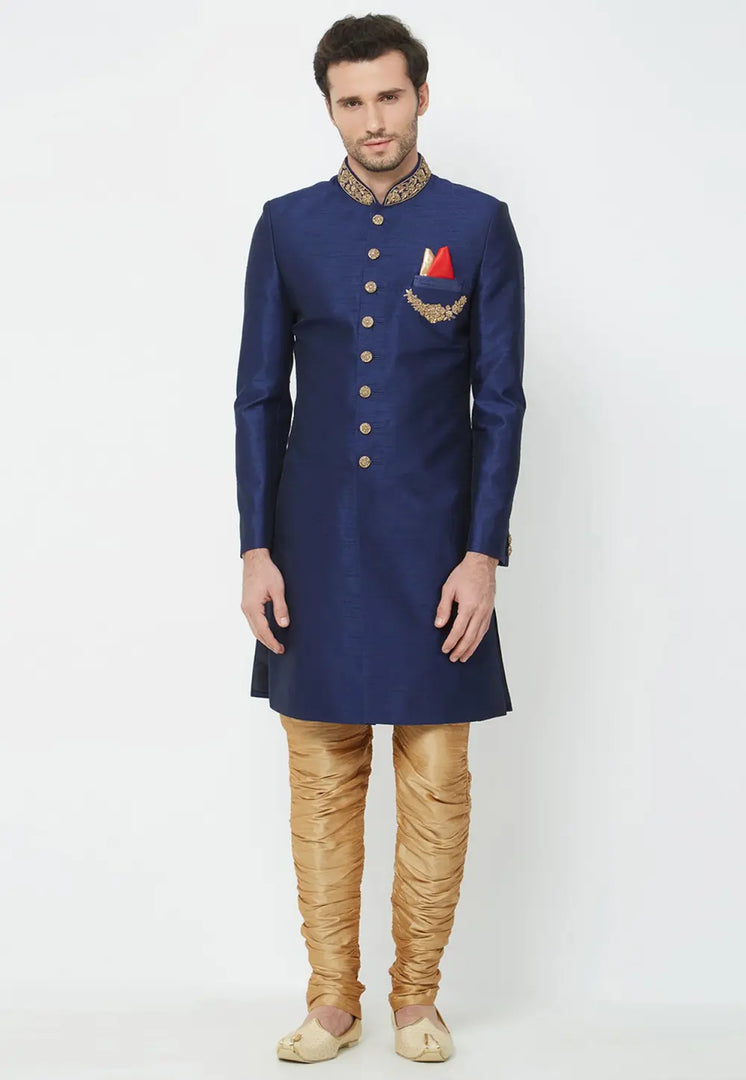 Navy Blue Art Silk Indo Western Sherwani