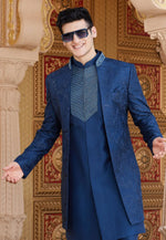 Load image into Gallery viewer, Navy Blue Art Silk Jacket Style Sherwani
