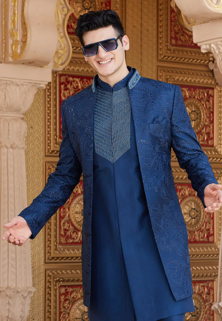 Navy Blue Art Silk Jacket Style Sherwani