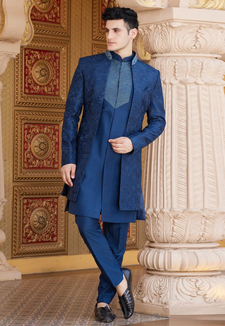 Navy Blue Art Silk Jacket Style Sherwani