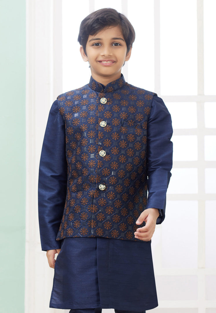 Navy Blue Art Silk Kids Kurta Pajama With Jacket
