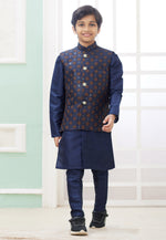 Load image into Gallery viewer, Navy Blue Art Silk Kids Kurta Pajama With Jacket

