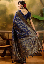 Load image into Gallery viewer, Navy Blue Banarasi Jacquard Saree