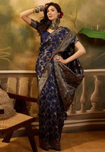 Load image into Gallery viewer, Navy Blue Banarasi Jacquard Saree