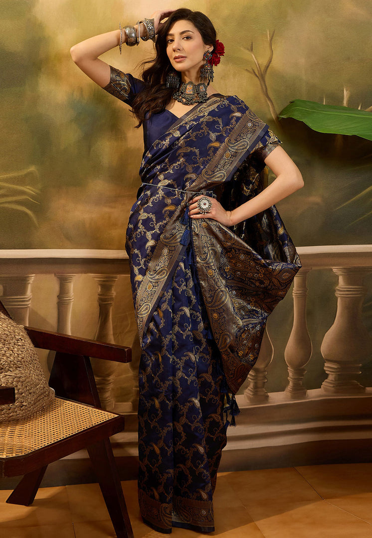 Navy Blue Banarasi Jacquard Saree