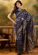 Load image into Gallery viewer, Navy Blue Banarasi Jacquard Saree