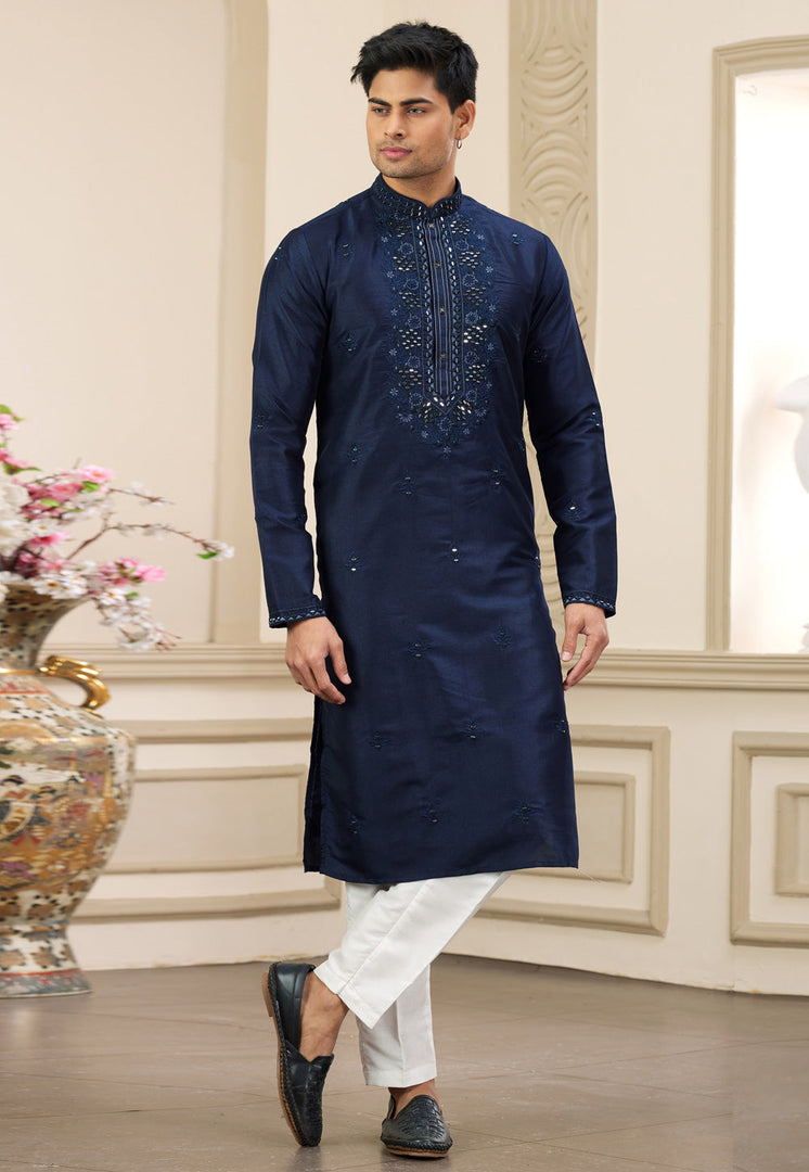 Navy Blue Banarasi Kurta Pajama