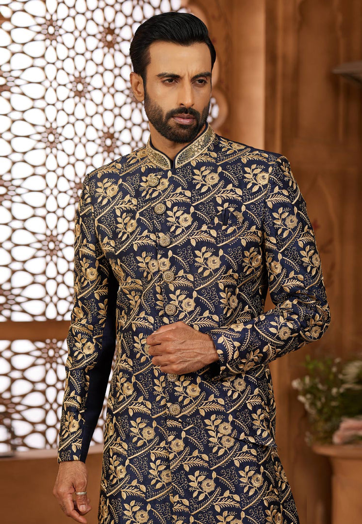 Navy Blue Banarasi Silk Indo Western Sherwani