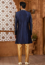 Load image into Gallery viewer, Navy Blue Banarasi Silk Indo Western Sherwani
