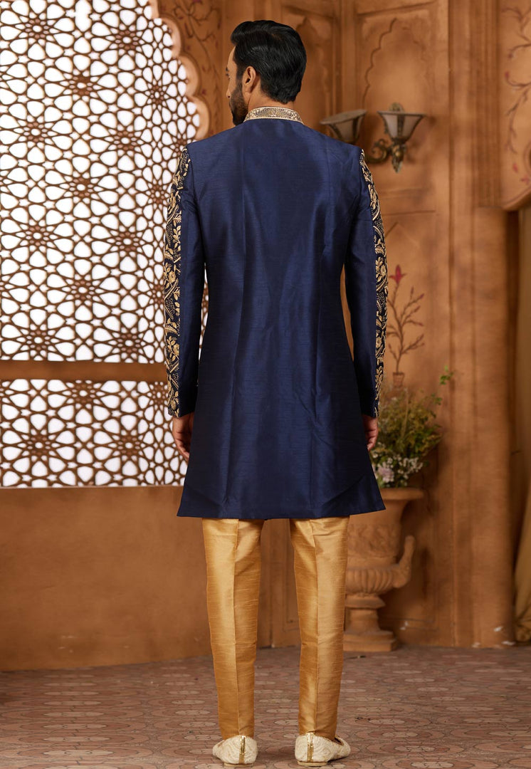 Navy Blue Banarasi Silk Indo Western Sherwani
