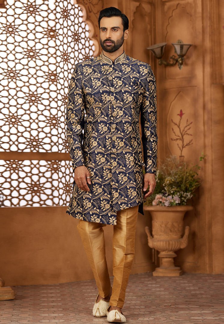Navy Blue Banarasi Silk Indo Western Sherwani