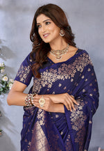Load image into Gallery viewer, Navy Blue Banarasi Silk Saree
