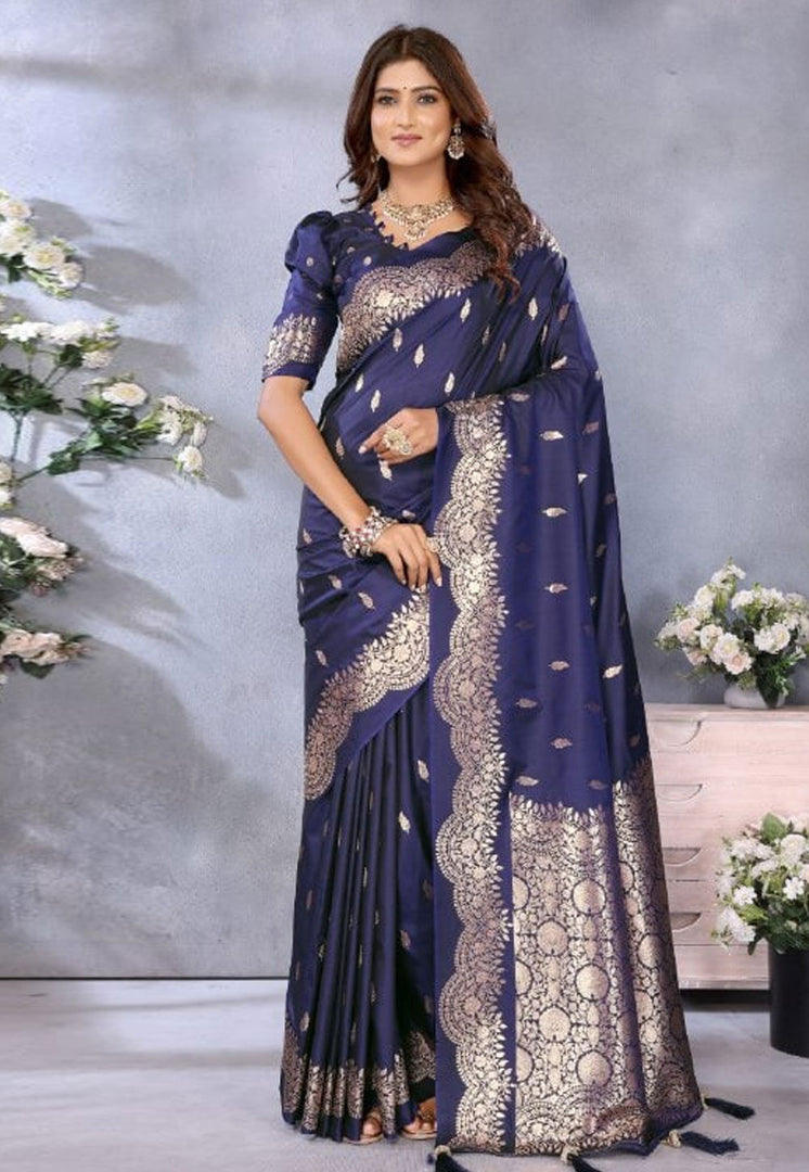 Navy Blue Banarasi Silk Saree With Blouse