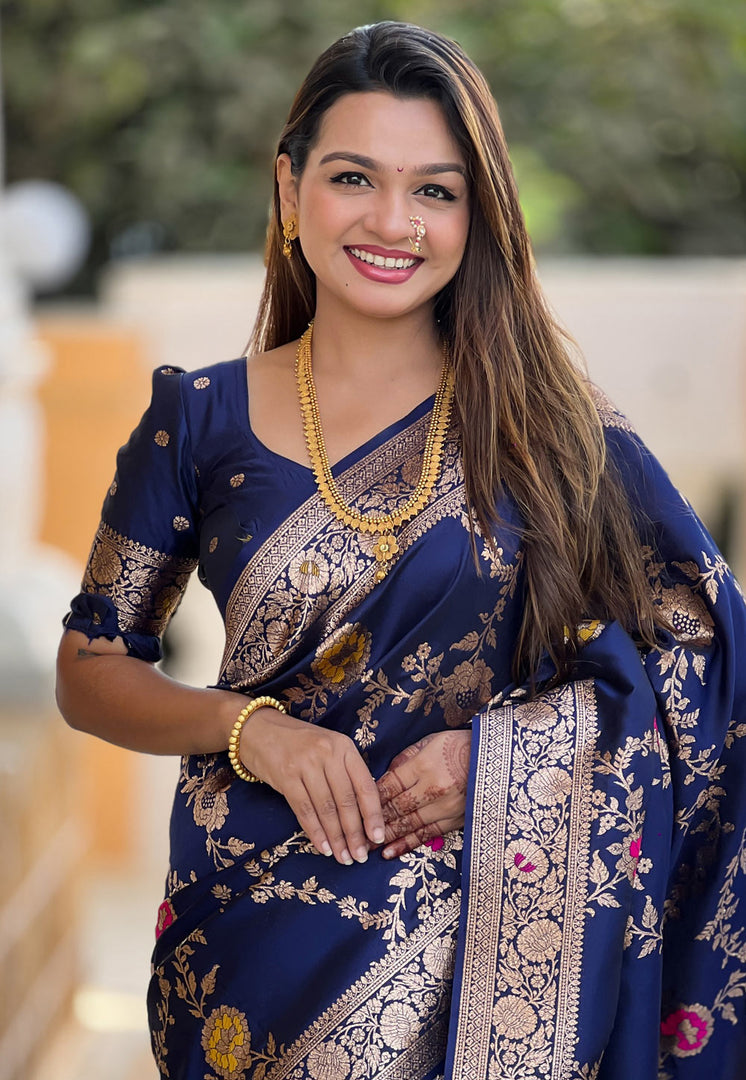 Navy Blue Banarasi Silk Saree With Blouse