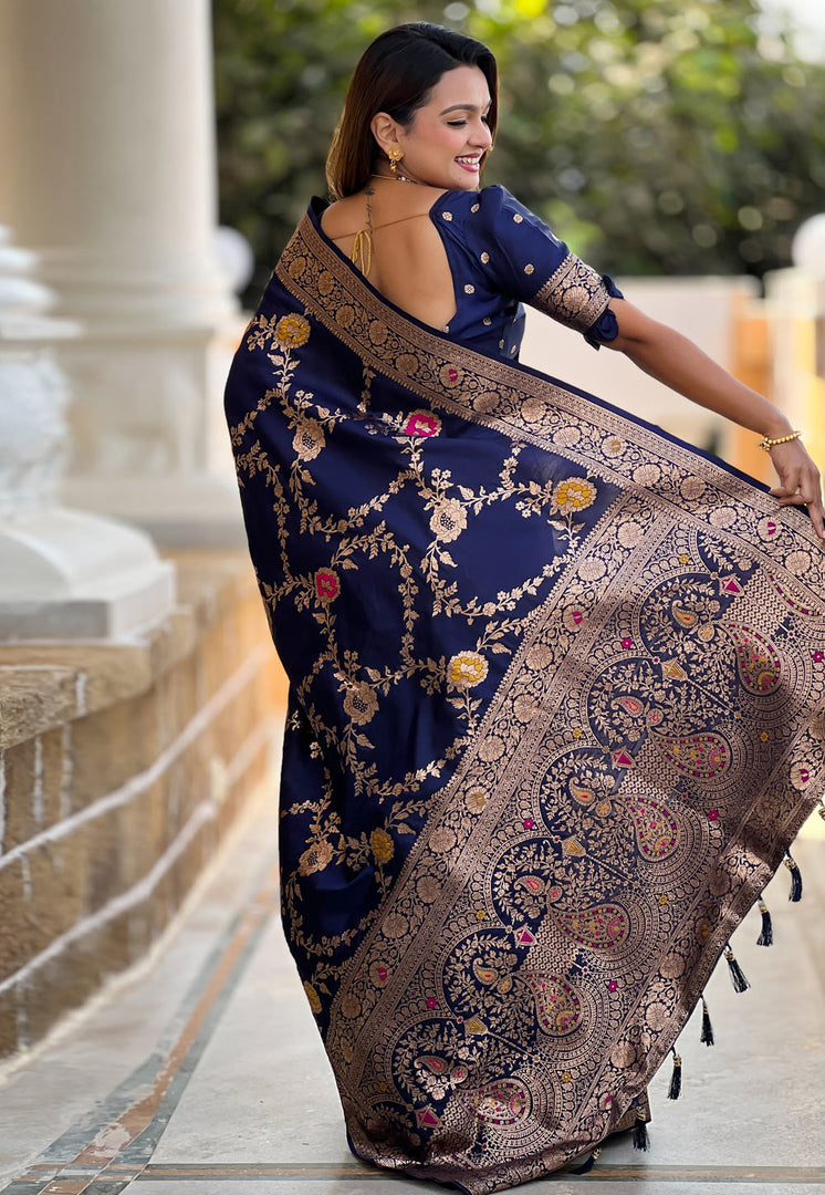 Navy Blue Banarasi Silk Saree With Blouse