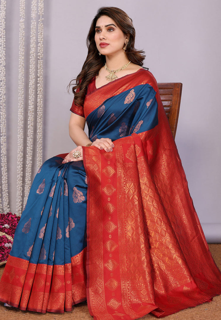 Navy Blue Banarasi Silk Saree With Blouse