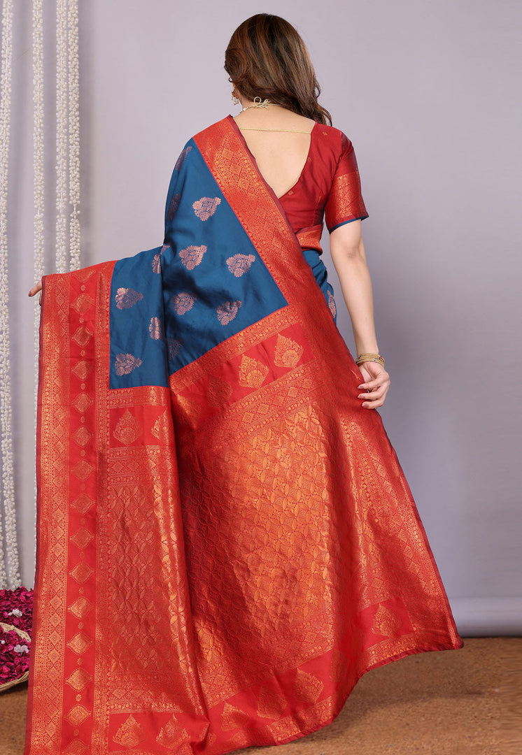 Navy Blue Banarasi Silk Saree With Blouse