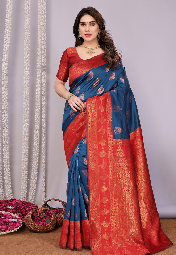 Navy Blue Banarasi Silk Saree With Blouse