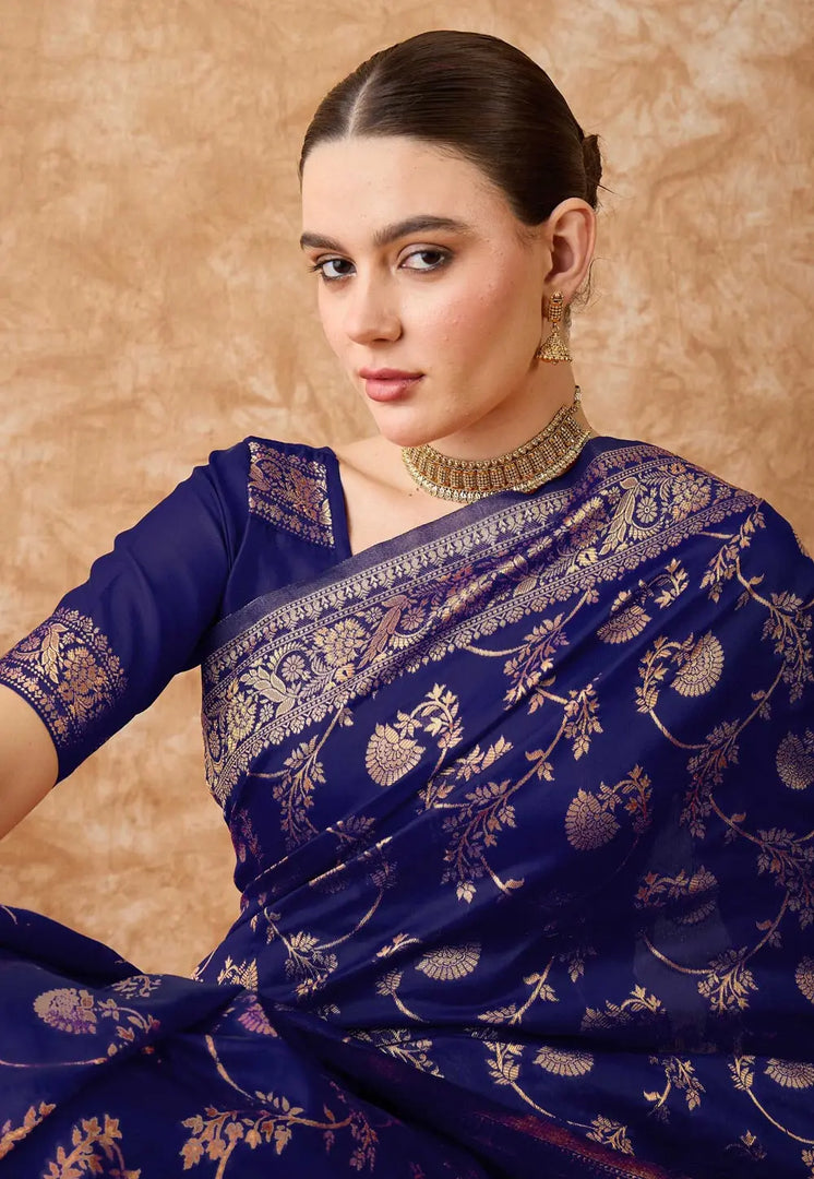 Navy Blue Banarasi Silk Saree With Blouse