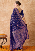 Load image into Gallery viewer, Navy Blue Banarasi Silk Saree With Blouse