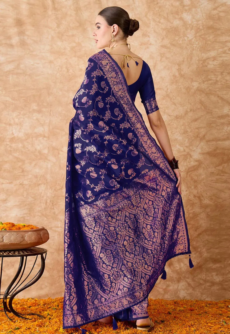 Navy Blue Banarasi Silk Saree With Blouse