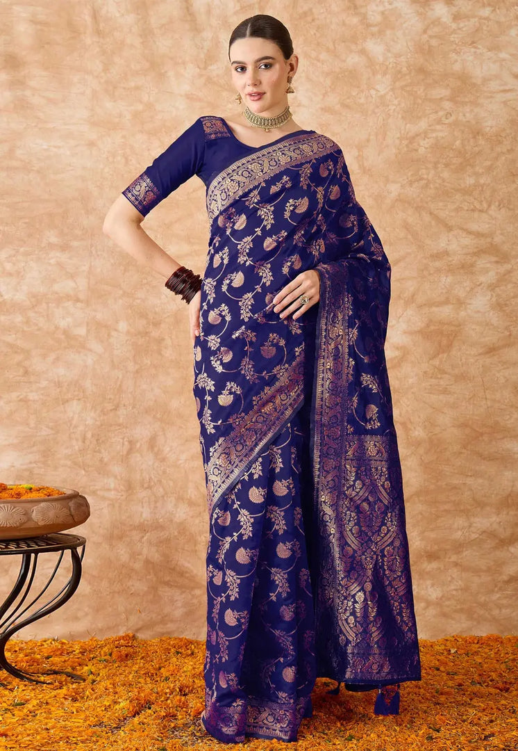 Navy Blue Banarasi Silk Saree With Blouse