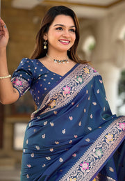 Navy Blue Banarasi Silk Saree With Blouse