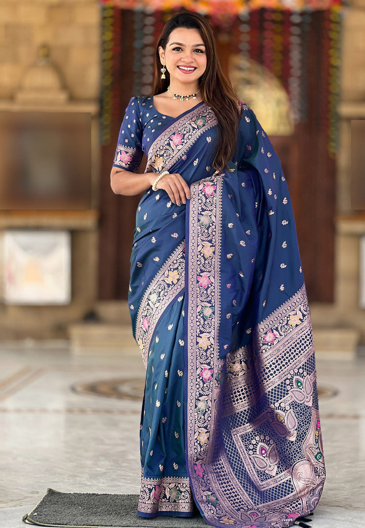 Navy Blue Banarasi Silk Saree With Blouse