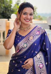 Navy Blue Banarasi Silk Saree With Blouse