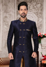 Load image into Gallery viewer, Navy Blue Brocade Silk Indo Western Suit
