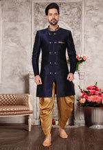 Load image into Gallery viewer, Navy Blue Brocade Silk Indo Western Suit
