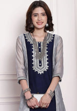 Load image into Gallery viewer, Navy Blue Chanderi Long Kurti
