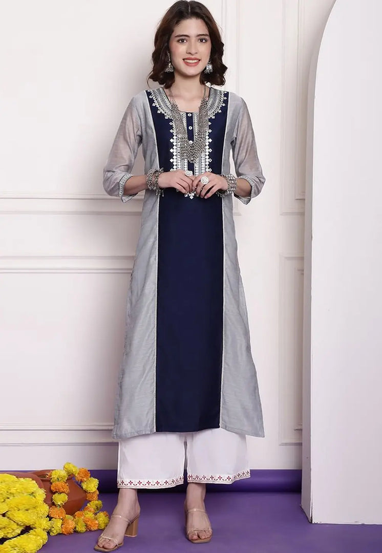Navy Blue Chanderi Long Kurti