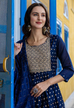Load image into Gallery viewer, Navy Blue Chanderi Readymade Pant Style Suit
