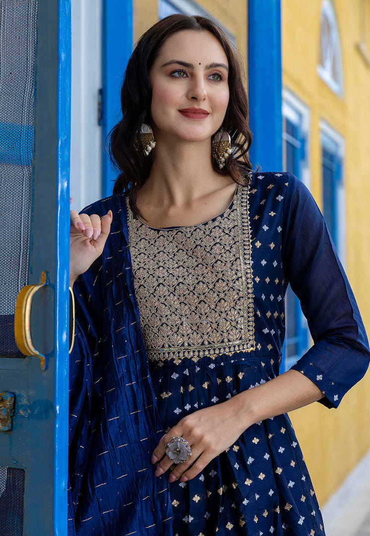Navy Blue Chanderi Readymade Pant Style Suit