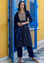Load image into Gallery viewer, Navy Blue Chanderi Readymade Pant Style Suit
