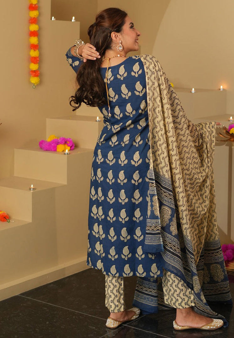 Navy Blue Chanderi Readymade Pant Style Suit