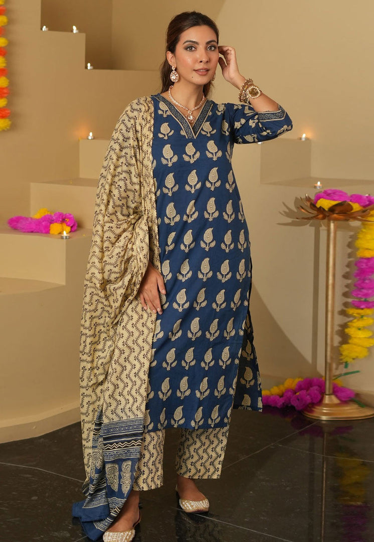 Navy Blue Chanderi Readymade Pant Style Suit