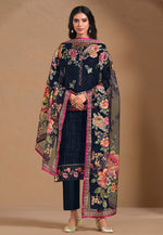 Load image into Gallery viewer, Navy Blue Chinon Chiffon Straight Suit

