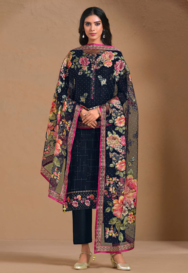 Navy Blue Chinon Chiffon Straight Suit