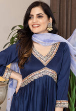 Load image into Gallery viewer, Navy Blue Chinon Readymade Anarkali Suit
